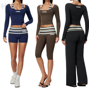 Ropa Deportiva con Rayas y Puntos, Sujetador Deportivo, Ropa para Gimnasio, Fitness, Yoga, Top de Manga Larga, Pantalones de Pierna Ancha y Recta con Cintura Plegable - Product Image 4