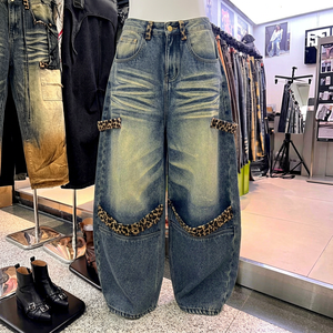 Jeans vintage à jambes larges, motif léopard, denim, patchwork clouté, streetwear pour femmes - Product Image 1
