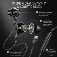 Écouteurs intra-auriculaires filaires WISDOMUP EJ-57 TYPE-C avec microphone, étanches IPX-5, cordon de 1,2 m pour téléphone et jeux