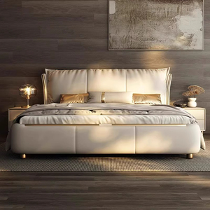 Lit double italien de luxe de 1.8m 2.2m Lit rembourré simple et moderne en bois clair Cuir confortable pour la <span class=keywords><strong>literie</strong></span> de la chambre principale - Product Image 2