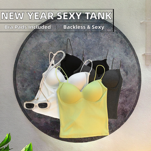 2025 New Year Long French-Style Design <b>Thin</b> <b>Strap</b> Integrated <b>Bra</b> Built-In Pads Sexy Backless Casual Camisole Knitted Short - Product Image 2