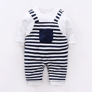 ชุดรอมเปอร์ผ้าฝ้ายสำหรับเด็กทารกสำหรับฤดูใบไม้ผลิและฤดูใบไม้ร่วงที่มีลวดลายแถบปลอมคล้ายชุดเอี๊ยม - Product Image 1