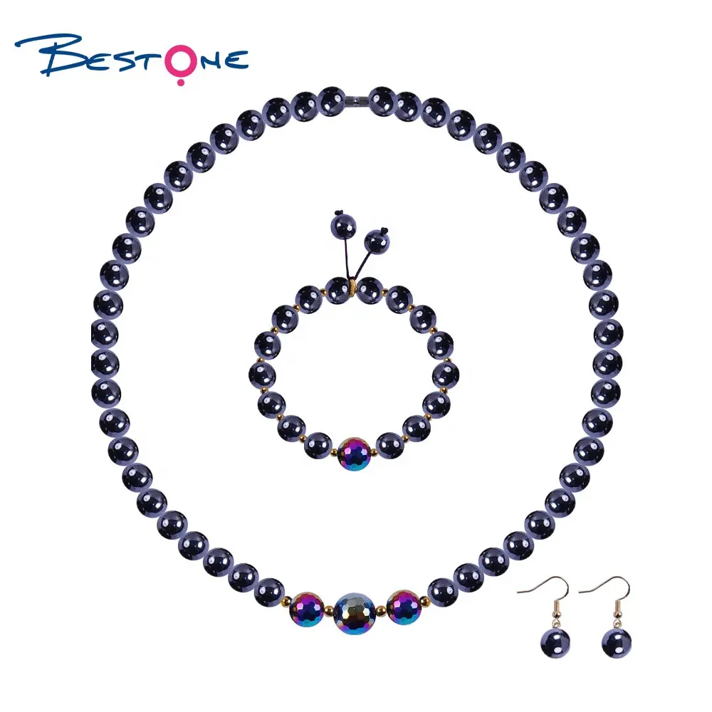 Bestone 8mm 10mm Natural Hematite Stone Beads Colorful Round Beads Black Gallstone Jewelry Set for Women