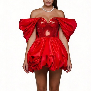Women's <b>Red</b> <b>Sequin</b> & Satin Dress - Off-the-Shoulder With Dramatic Puffed Sleeves Dresses Fashion - Product Image 1