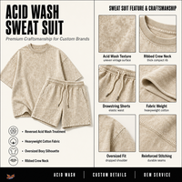 Ensemble 2 pièces tricoté respirant vintage pour l'été, personnalisable OEM, comprenant un T-shirt oversize à col rond effet délavé et un short à cordon de serrage