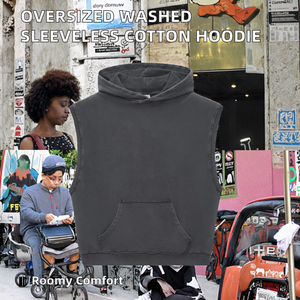 Custom Vintage Boxy Washed 350g Heavyweight 100% Cotton Solid Plain Blank Oversized Pullover <b>Men</b> <b>Sleeveless</b> <b>Hoodies</b> Autumn - Product Image 2