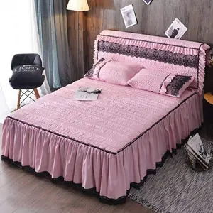 Veludo saia saias de cama de algodão folha plana impresso floral bordados rendas tampa de cama colchas de cama propagação