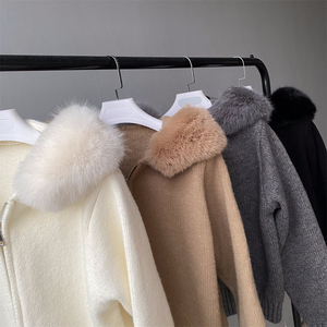 Cappotto da donna magro invernale in maglia corta in lana con maniche a sbuffo <span class=keywords><strong>caldo</strong></span> giacca con collo di pelliccia artificiale <span class=keywords><strong>Cardigan</strong></span> maglione da donna - Product Image 5