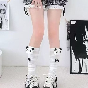 Calf <b>Socks</b> Women Summer Thin Sweat Absorbent Breathable Cartoon Panda Bow Design White <b>Black</b> Gray Youth Style - Product Image 2