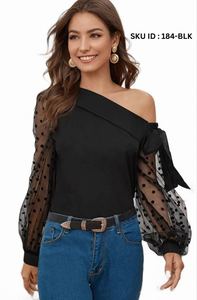 Blusa de Mujer con Estampado Floral Negro Sólido, Mangas Asimétricas, Corte Regular, Elegante, para Fiesta, Club, Uso Casual, Cómoda para Toda Temporada - Product Image 3