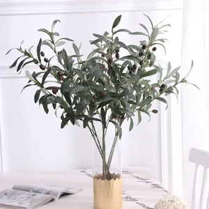 Home Office Dekor Faux Kunststoff Früchte Zweig Pflanzen Künstliche Pflanzen Grün Oliven zweige Stiele