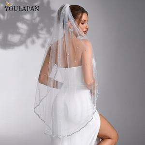 Voile de mariée YouLaPan tendance, bordure unique en cristal, voile transparent en maille à pois blancs et perles pour occasions spéciales <span class=keywords><strong>V364</strong></span> - Product Image 4