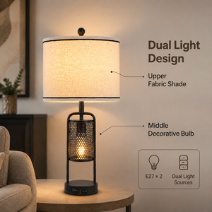 Lámpara de Mesa Metálica Retro, Paquete de Dos, Pantalla de Tela, Bombilla E27, Carga USB, Luz Decorativa Cálida para Dormitorio y Mesita de Noche - Product Image 3