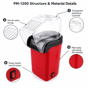 <span class=keywords><strong>Machine</strong></span> à Popcorn Électrique à Air Chaud 1200W <span class=keywords><strong>Sans</strong></span> Huile avec Couvercle Transparent et Commande par Interrupteur pour Cuisine Domestique et Utilisation Extérieure - Product Image 4