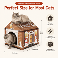 Lit-griffoir pour chat en forme de maison de Noël, abri festif en carton ondulé avec griffoir intégré et coussinets de remplacement