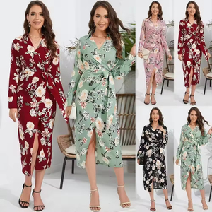 Women's Vintage <strong>Floral</strong> Maxi Dress Bohemian High Split Sling Casual Sexy Style Natural Breathable Fabric Summer Beach Wear - Product Image 2