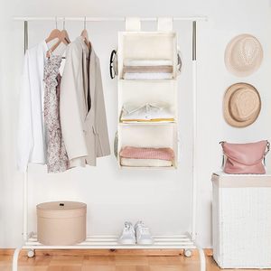 3-Shelf Hanging Closet Organizer Beige Foldable Non-Woven Fabric Clothing <b>Storage</b> For Bedroom Camper Nursery Hook Type - Product Image 2