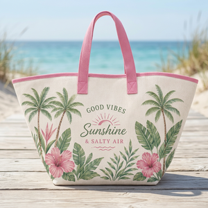 Sac fourre-tout en coton premium avec imprimé floral tropical palmiers et hibiscus |   Sac réutilisable pour la plage, les vacances et le quotidien - Product Image 2