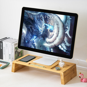 Bamboo Monitor Stand <b>Desktop</b> Organizer With Storage Slots For Office Use - Product Image 1