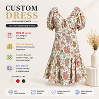 Robe d'été décontractée sur mesure ODM pour femme, taille naturelle, coupe trapèze, 100 % coton, mini-robe à col en V, manches bouffantes et ourlet superposé