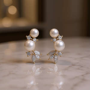 Elegantes Pendientes de Oro Blanco con Perla de Agua Salada y Diamante Corte Marquesa, Diseño Floral, para Boda, Joyería Fina para Mujer - Product Image 2