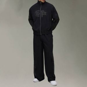 Black Rhinestone Hooded Collar Printed Winter Jacket Wide Leg <b>Pants</b> Custom Men Two-Piece Sweatsuit - Product Image 1