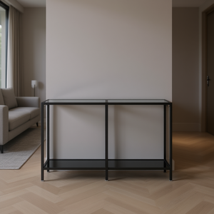 Black Tempered Glass Console <b>Table</b> Powder Coated Steel Modern Living Room Furniture Home <b>Decor</b> - Product Image 2