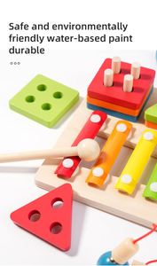 Jeu 3-en-1 en bois coloré pour enfants : Comptage, Empilage, Pêche, Xylophone, Blocs mathématiques numérotés et de formes - Product Image 4