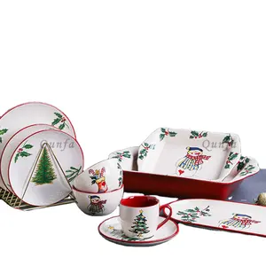 Vente en gros de décalcomanies personnalisées, plat de cuisson, assiettes en céramique de Noël en porcelaine, ensembles de vaisselle de Noël