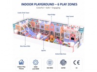 Équipement de jeu intérieur pour enfants en tons pastel avec château, tour d'escalade, toboggan ondulé, piscine à balles et pont en corde pour centre commercial