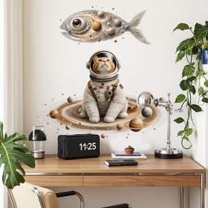 Adesivo Murale Animale Cosmico Cartoon: Gatto Astronauta e Pesce Spaziale Nebulosa, Decorazione Spaziale Adesiva per Stanza dei Giochi dei Bambini - Product Image 4