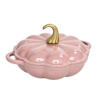 Marmite en fonte émaillée rose mignonne en forme de citrouille avec bouton doré, ustensile de cuisine décoratif pour Halloween et la cuisine à domicile