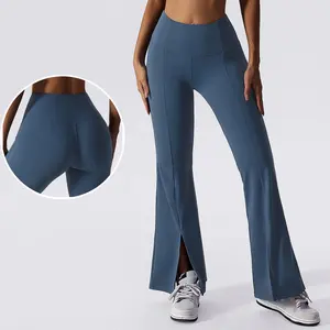 Women High Waisted Bootcut Workout Yoga Pants Front Split Flutter