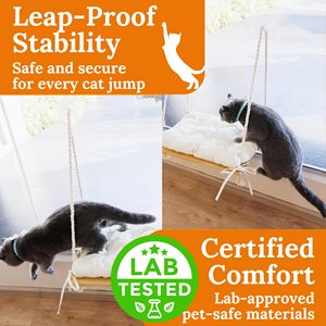 Lit pour chat de luxe en bois massif à motif, écologique, moderne, rembourré en coton blanc, avec balançoire à ventouse pour toutes les saisons - Product Image 5