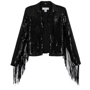 Women's Autumn Winter Black Color <b>Sequin</b> Party <b>Jackets</b> Sparkly Long Sleeve Open Front Tassel Blazers Cotton Filling Quilted - Product Image 1