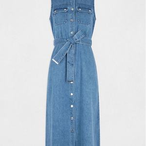 Vestidos de Mezclilla Casuales Largos para Mujer, Diseño Nuevo, con Cinturón y Botones, Sin Mangas, Color Azul Claro, Venta al Por Mayor - Product Image 6