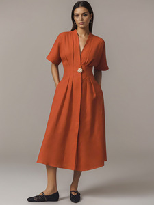 Elegante Abito Lungo Stile Francese <span class=keywords><strong>con</strong></span> Scollo a V, Maniche Corte, Bottoni Frontali, <span class=keywords><strong>Spacco</strong></span> Laterale, Vestibilità Ampia, Moda Estiva per Donne - Product Image 6