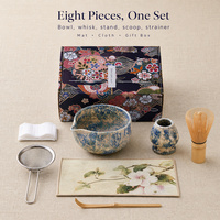 Coffret Cérémonie du Thé Matcha pour Amateurs de Thé – Chawan en Céramique Bleue Florale Moderne, Fouet en Bambou en Acier Inoxydable, Support Chasen, Tamis, Chashaku