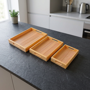 Three Deluxe Brushed Handmade Portable Serving Trays Set Large Sizes Wooden Mango Bamboo Dishwasher Microwave Safe Tray - Product Image 1