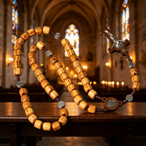 Elegante rosario católico de cuentas de acrílico de colores con San Benito, cruz de Santiago y corazón de Jesús. - Product Image 2