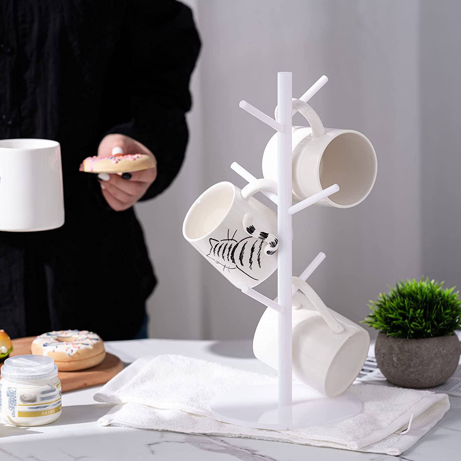 White Acrylic Coffee Mug Tree Holder - 6 Hooks Display Rack
