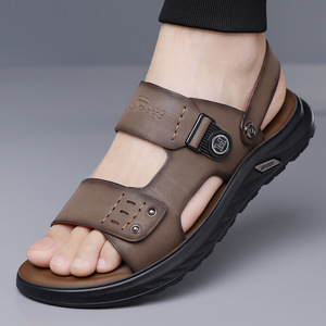 Men's Genuine Leather Solid Flat Sandals Open Toe Anti Slip Rubber Outsole Embossed Logo Casual <b>Beach</b> Driving Outdoor <b>Shoes</b> - Product Image 1