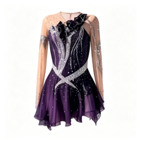 Robe de patinage artistique violette foncée avec strass, maille transparente, manches longues, dos ouvert, pour compétition et spectacle (adultes et enfants)