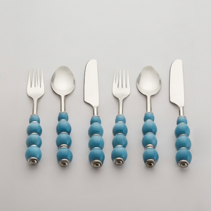 Ensemble de couverts modernes avec manches en céramique bleue perlée, couverts en acier inoxydable, compatibles lave-vaisselle, pour usage quotidien et fêtes - Product Image 1