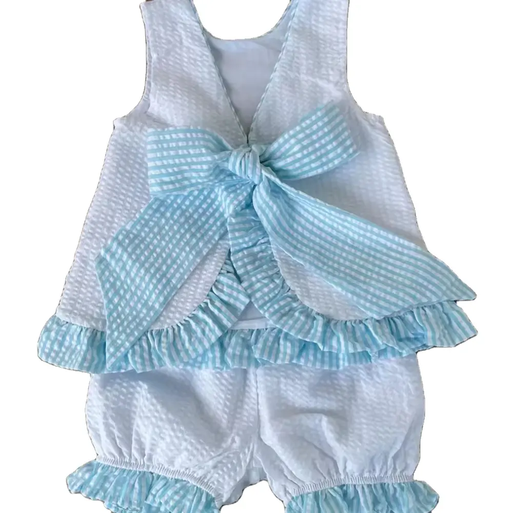 Pasgeboren Sublimatie Baby Meisjes Kleding Seersucker Mouwloze Ruffle Bowtie Baby Rompertjes