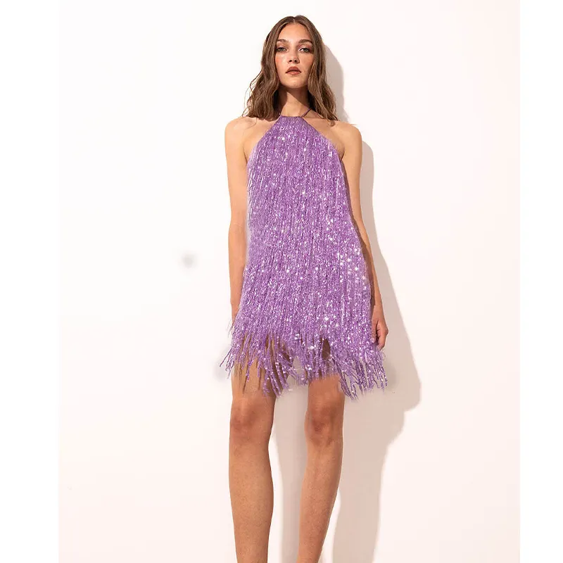 Purple Sequin Tassel Suspender Dress Sexy Sleeveless Halter Sparkly Fringe Mini Dress For Party