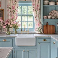Meubles de cuisine modulaires écologiques, style Shaker bleu menthe côtier moderne avec îlot central