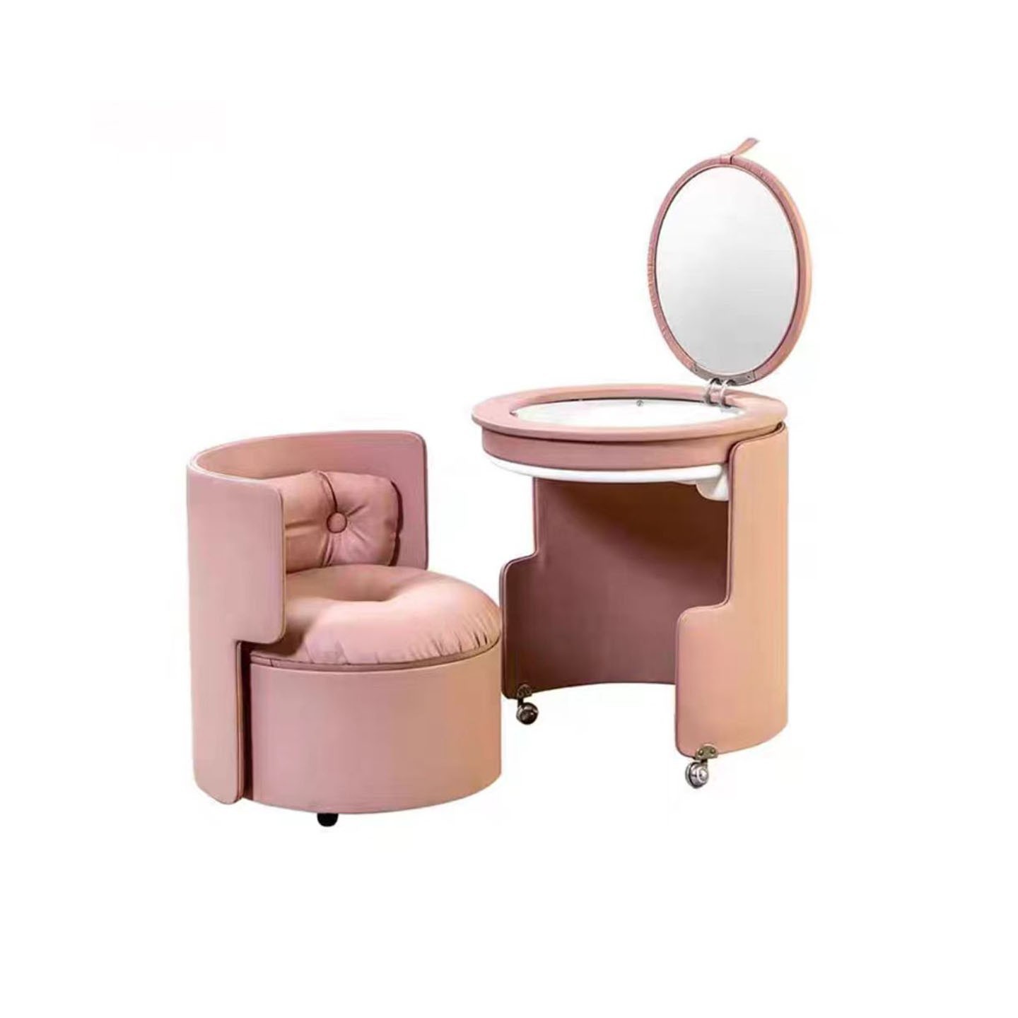 Mesa de maquillaje rosa + silla de maquillaje.