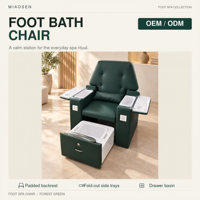 Fauteuil de pédicure vert forêt avec bassin extractible, plateaux latéraux rabattables et dossier capitonné pour mobilier de salon de beauté OEM ODM