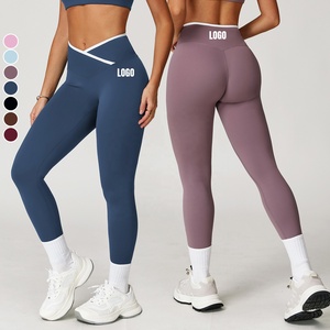 Leggings de yoga personalizados al por mayor para mujer, con cintura en V, efecto segunda piel, bloques de color, control de abdomen, pantalones deportivos ajustados para entrenamiento. - Product Image 1